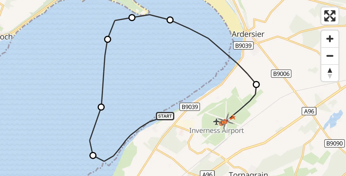 Flight route Coastguard Helicopter Inverness - Inverness Airport, 05 August 2026, 14:35