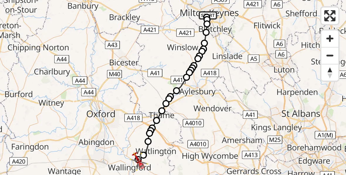 Flight route Air Ambulance Helicopter Central Milton Keynes - RAF Benson, 05 August 2026, 14:54