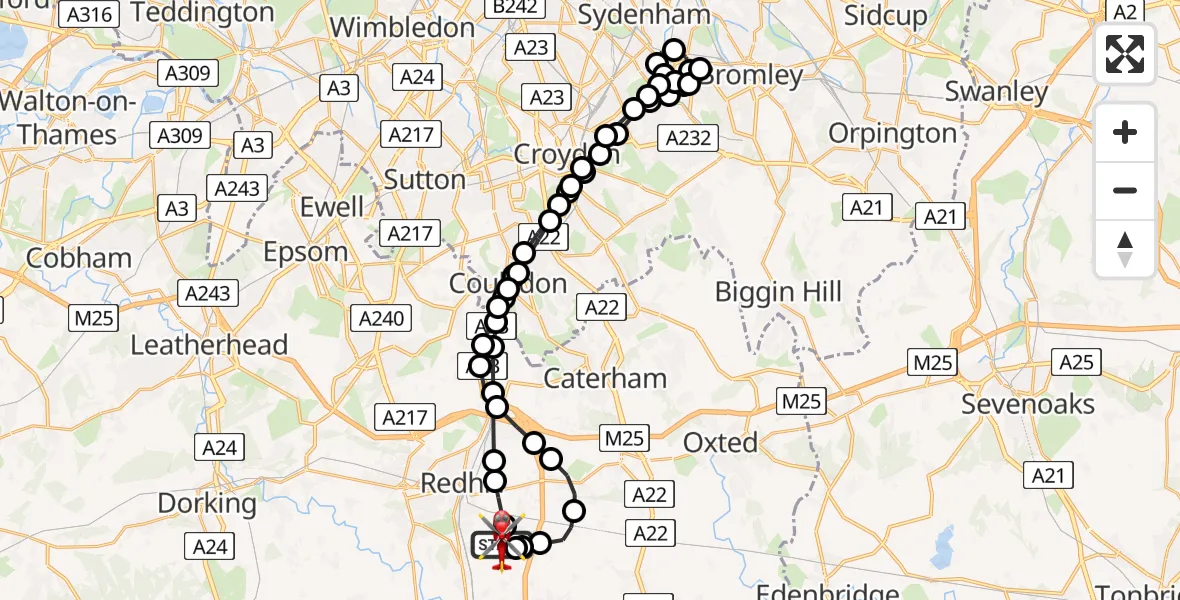 Flight route Air Ambulance Helicopter Redhill Aerodrome - Redhill Aerodrome, 05 August 2026, 15:01