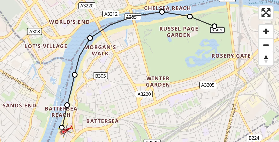 Flight route Air Ambulance Helicopter Battersea - London Heliport, 05 August 2026, 15:02