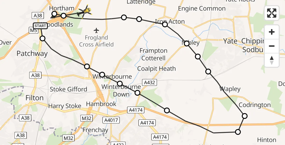 Flight route Police Helicopter Patchway - Bradley Stoke, 05 August 2026, 15:05