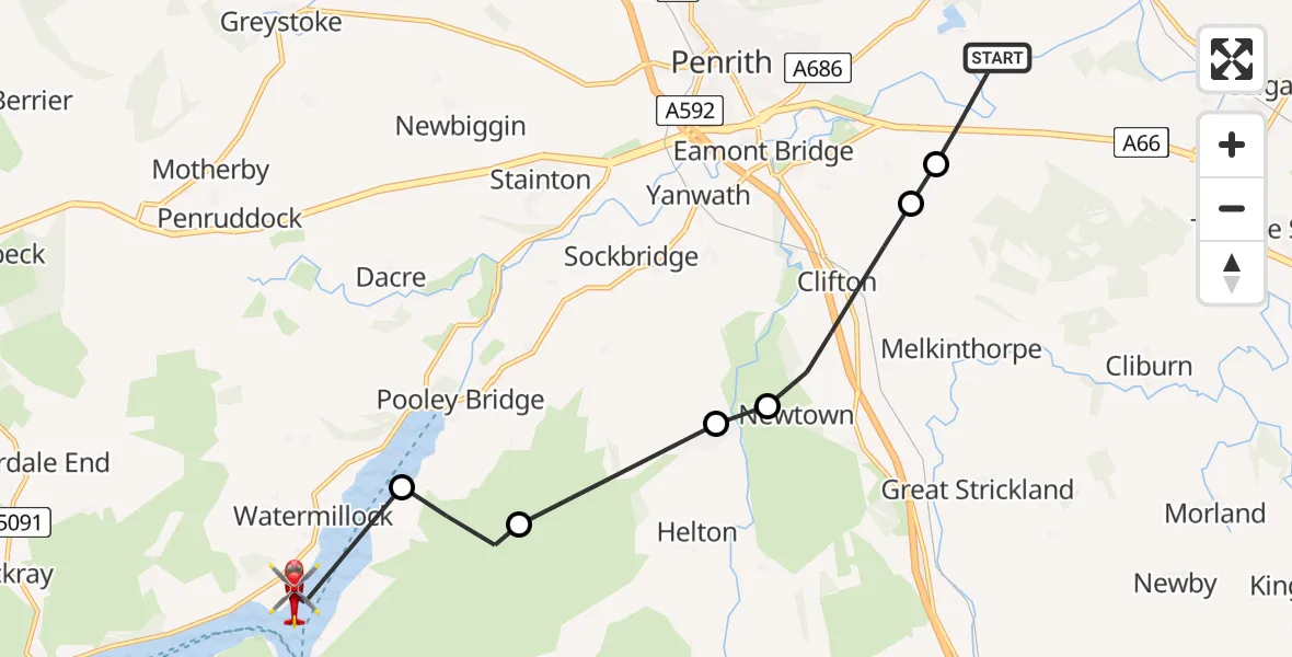 Flight route Air Ambulance Helicopter Brougham - Ullswater, 05 August 2026, 15:06