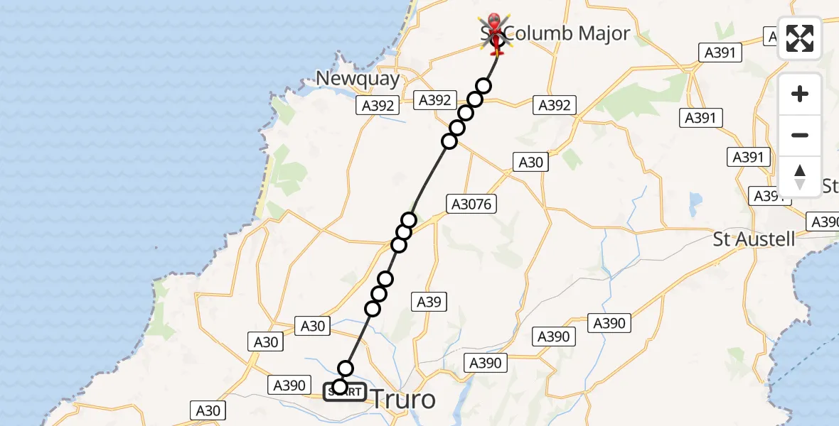 Flight route Air Ambulance Helicopter Treliske Hospital - Cornwall Airport Newquay, 05 August 2026, 15:06