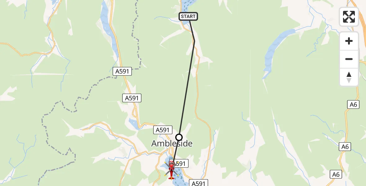Flight route Air Ambulance Helicopter Glenridding - Windermere, 05 August 2026, 15:12