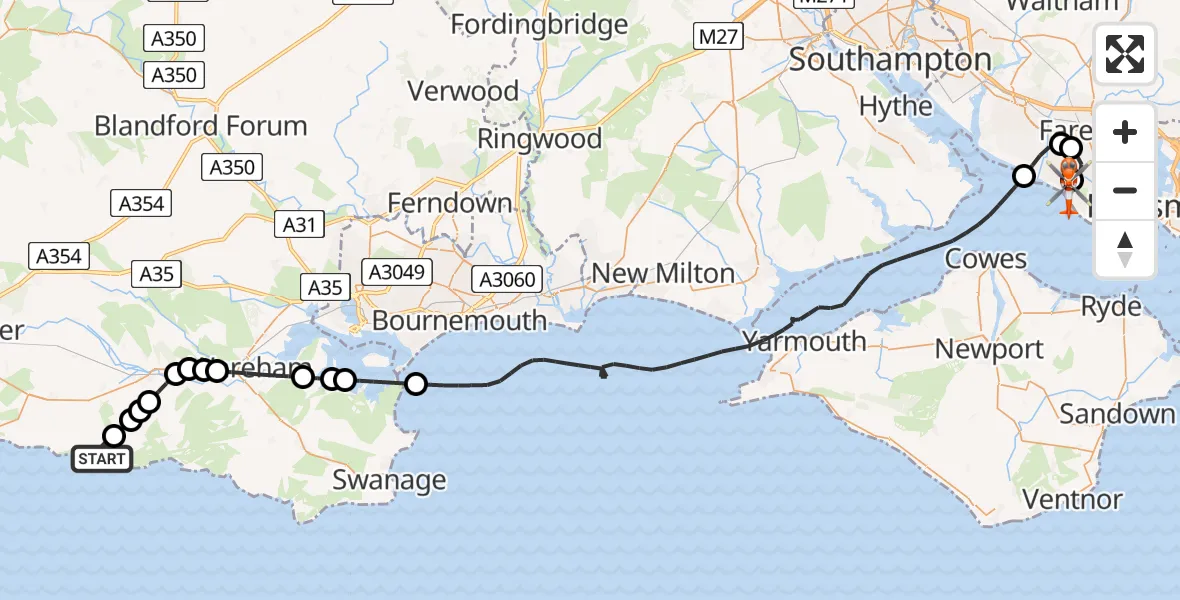 Flight route Coastguard Helicopter West Lulworth - Solent Airport, 05 August 2026, 15:19