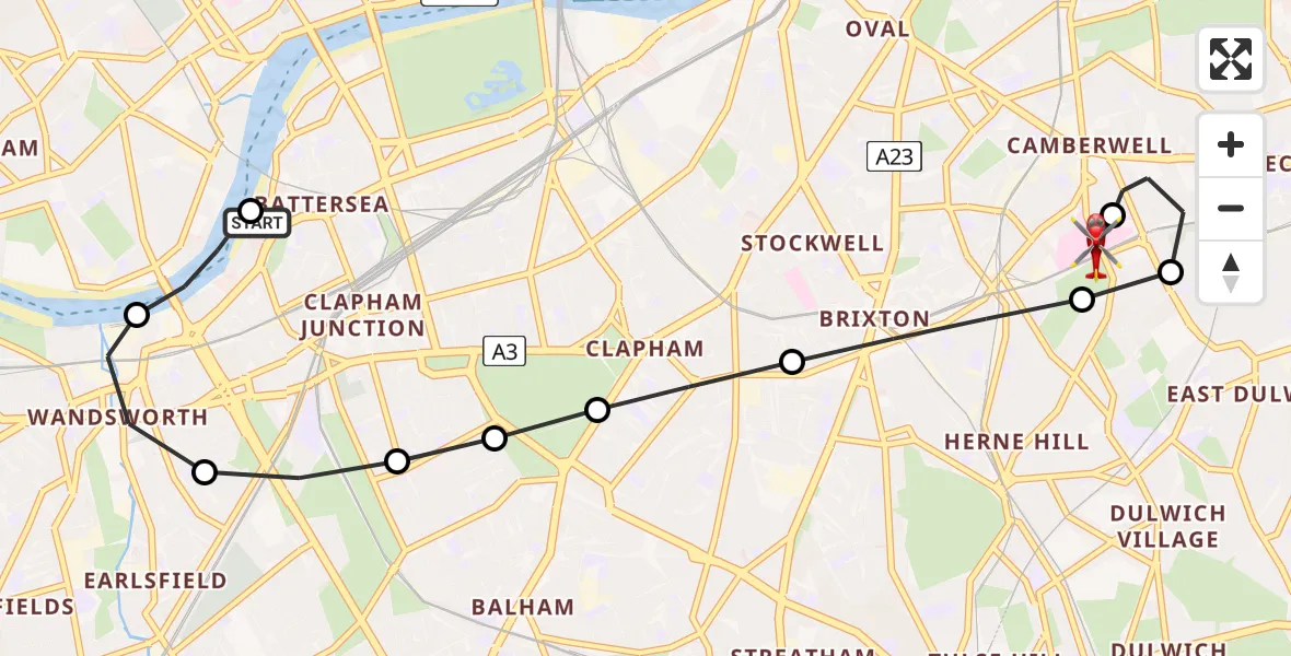 Flight route Air Ambulance Helicopter London Heliport - Kings College London Hospital, 05 August 2026, 15:20