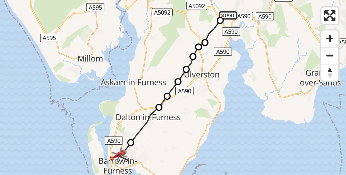 Flight route Air Ambulance Helicopter Spark Bridge - Barrow-in-Furness, 05 August 2026, 15:20