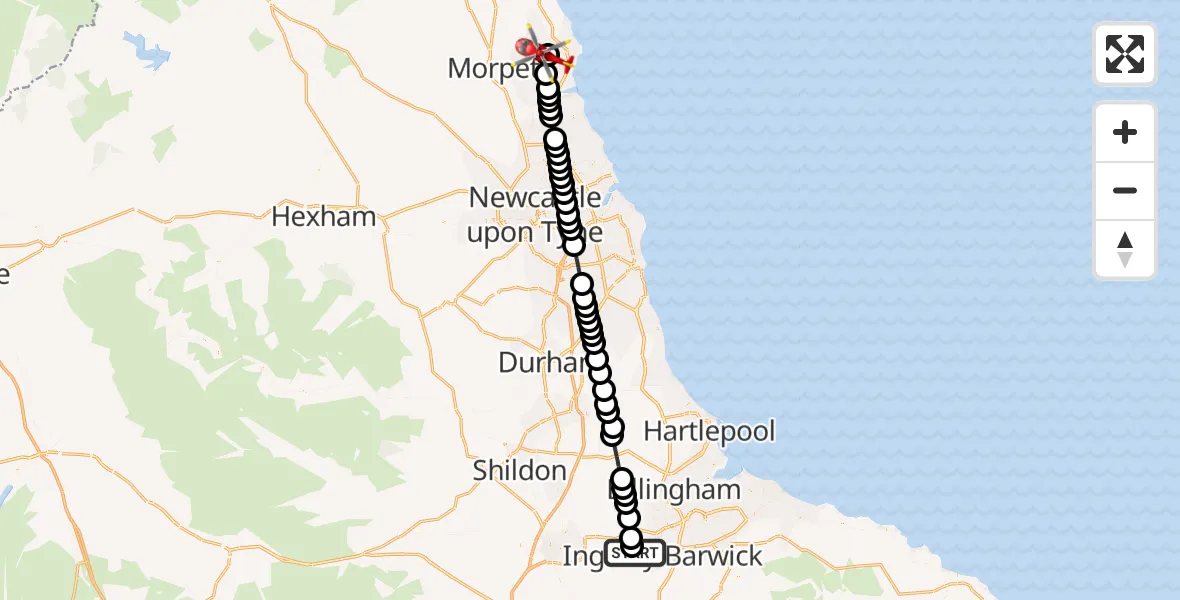 Flight route Air Ambulance Helicopter Egglescliffe - Ashington, 05 August 2026, 15:28