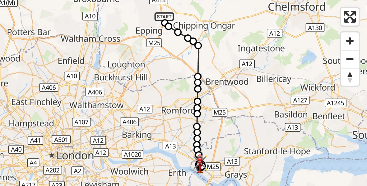 Flight route Air Ambulance Helicopter North Weald Airfield - Aveley, 05 August 2026, 15:44