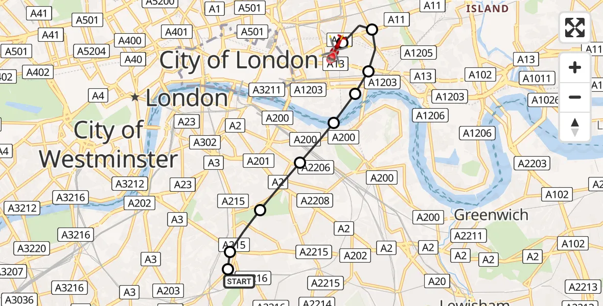 Flight route Air Ambulance Helicopter Kings College London Hospital - Royal London Hospital, 05 August 2026, 15:52