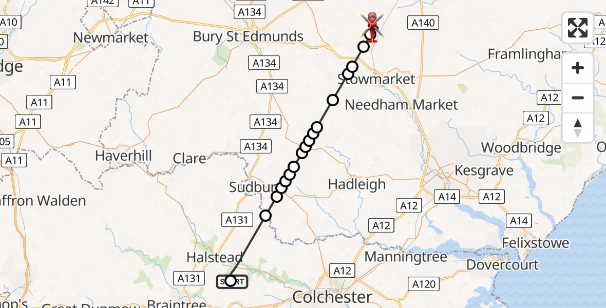 Flight route Air Ambulance Helicopter Earls Colne Airfield - Bacton, 05 August 2026, 15:52