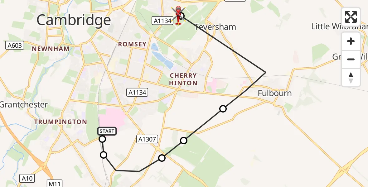 Flight route Air Ambulance Helicopter Papworth Hospital - Cambridge City Airport, 05 August 2026, 16:09