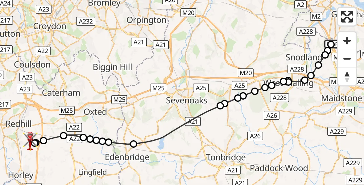 Flight route Air Ambulance Helicopter Rochester Airport - Redhill Aerodrome, 05 August 2026, 16:17