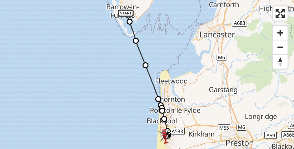 Flight route Air Ambulance Helicopter Barrow-in-Furness - Blackpool Airport, 05 August 2026, 16:18