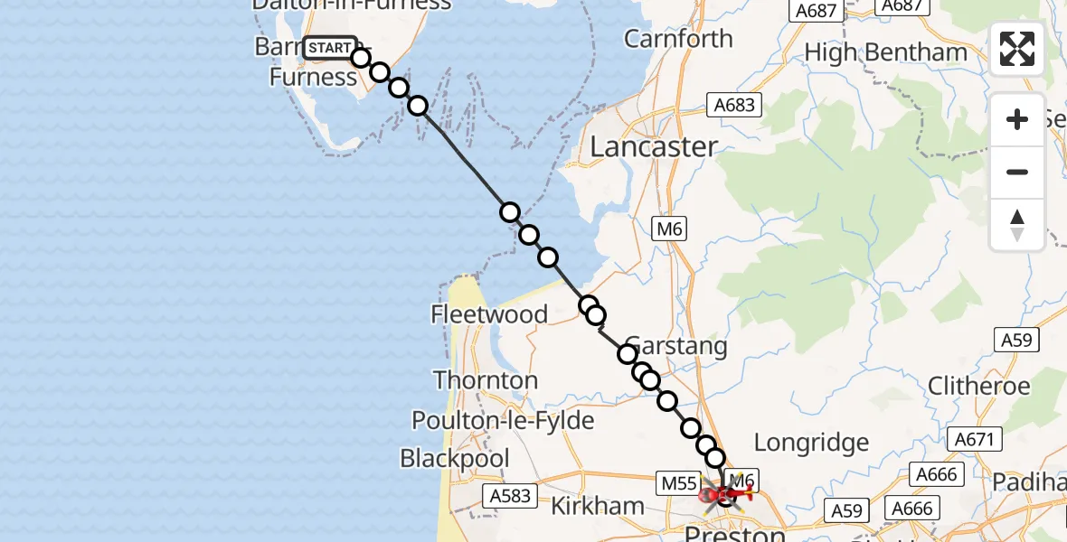 Flight route Air Ambulance Helicopter Barrow-in-Furness - Broughton, 05 August 2026, 16:20
