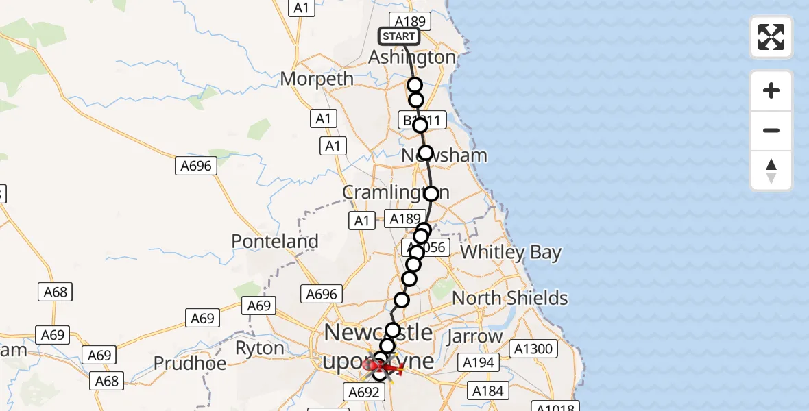 Flight route Air Ambulance Helicopter Ashington - Gateshead, 05 August 2026, 16:26