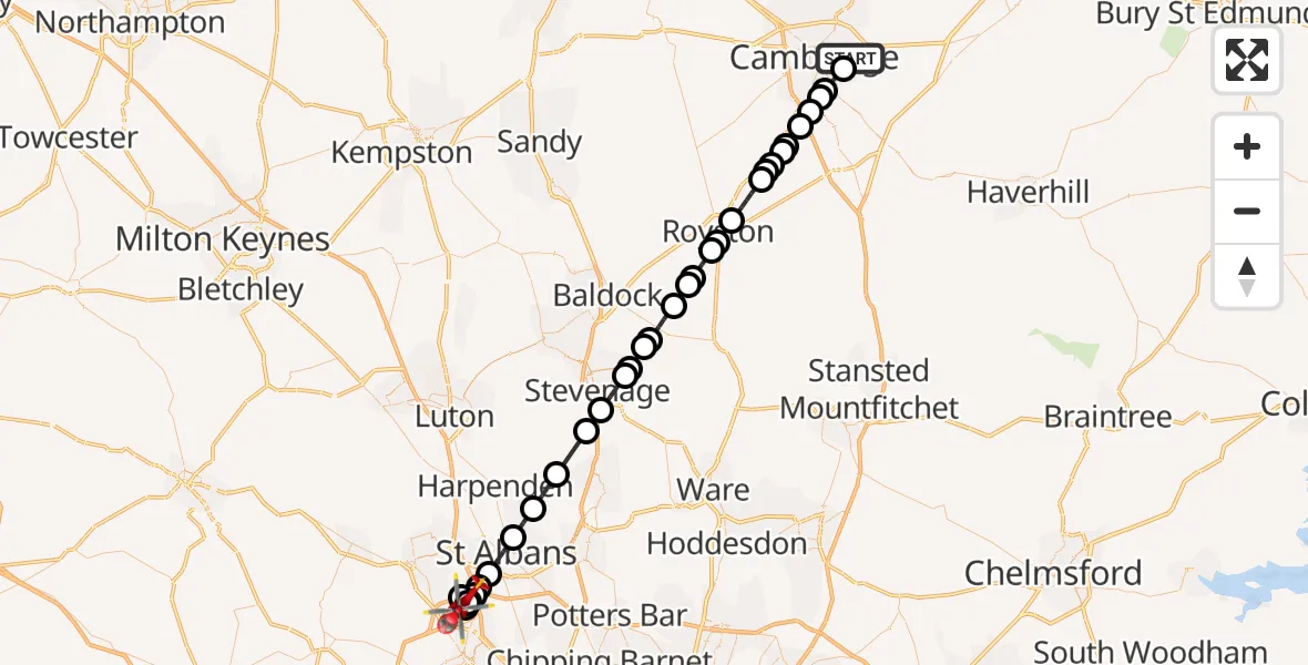 Flight route Air Ambulance Helicopter Cambridge City Airport - Abbots Langley, 05 August 2026, 16:36