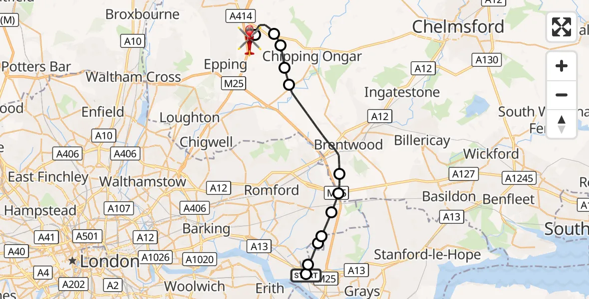 Flight route Air Ambulance Helicopter Purfleet-on-Thames - North Weald Airfield, 05 August 2026, 16:42
