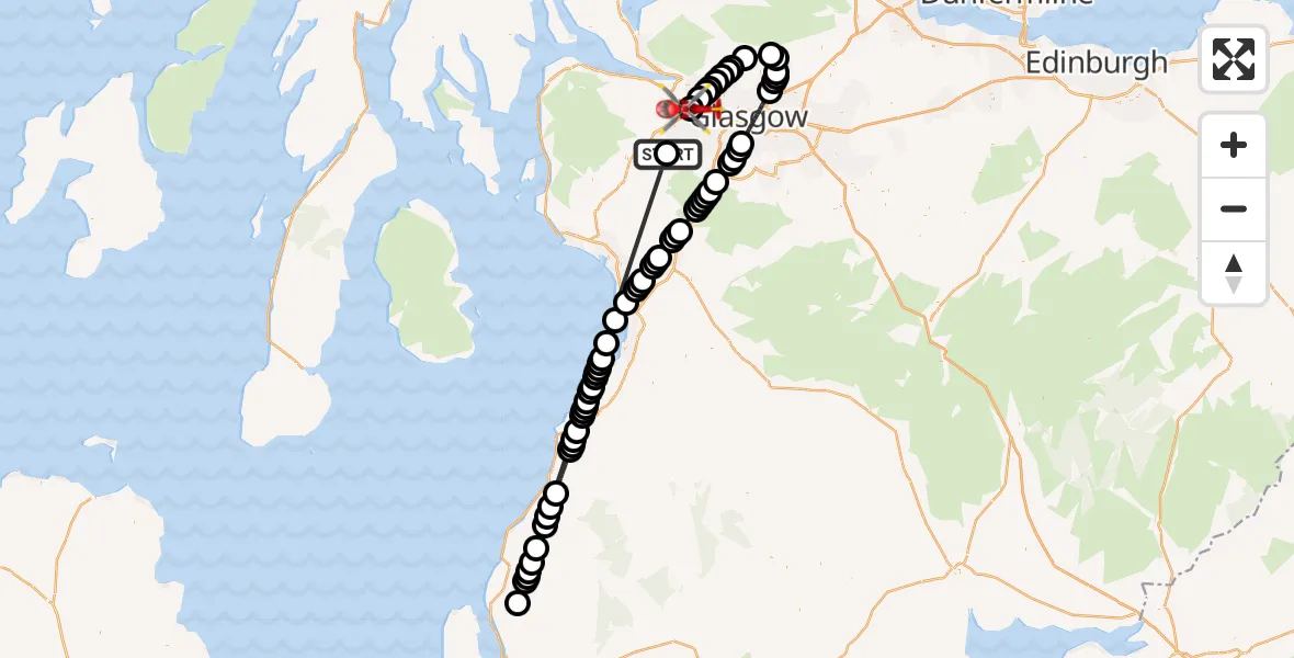 Flight route Air Ambulance Helicopter East Renfrewshire - Glasgow Airport, 05 August 2026, 16:52