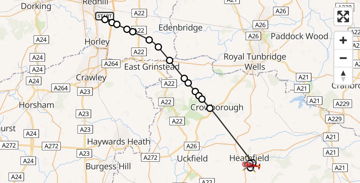 Flight route Air Ambulance Helicopter Redhill Aerodrome - Heathfield, 05 August 2026, 16:58