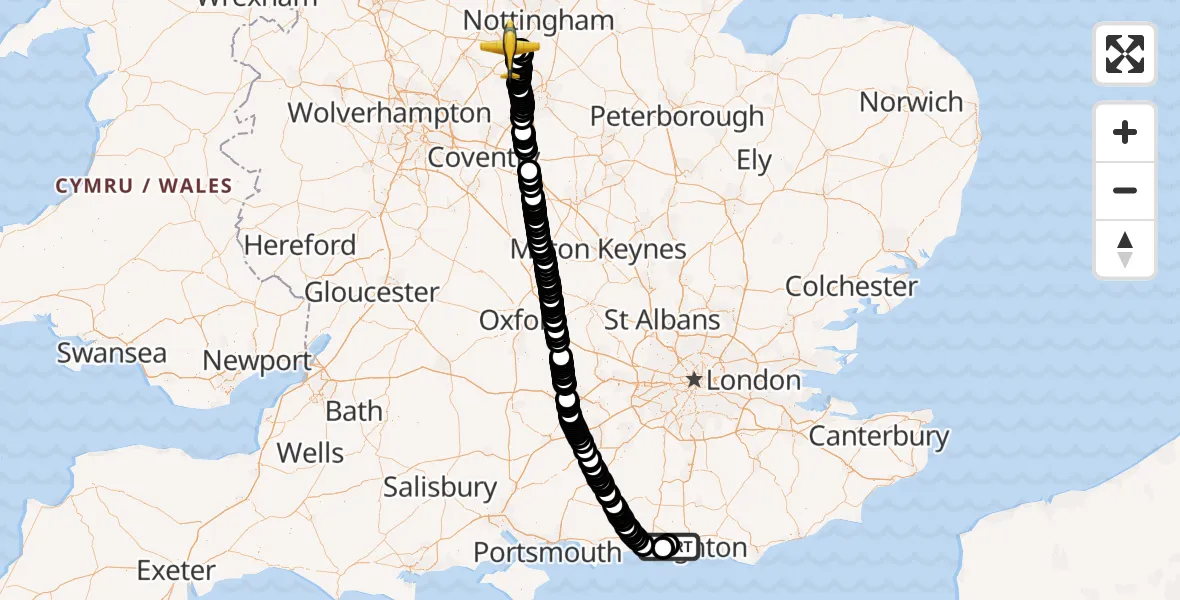 Flight route Police Aircraft Brighton City Airport - East Midlands Airport, 05 August 2026, 16:59