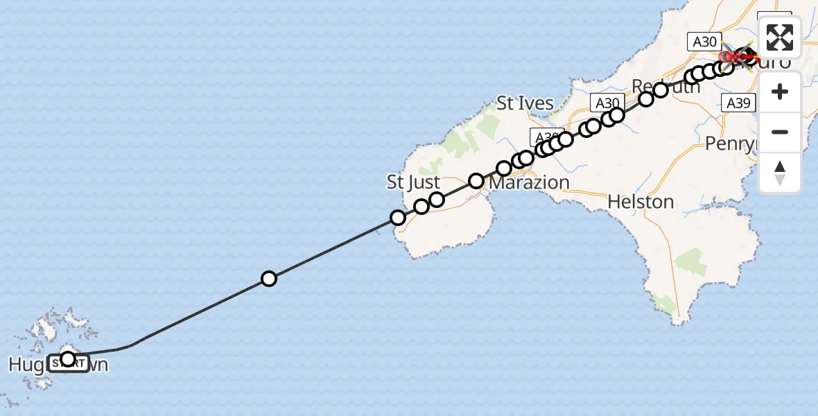 Flight route Air Ambulance Helicopter St. Mary's Airport - Treliske Hospital, 05 August 2026, 17:03