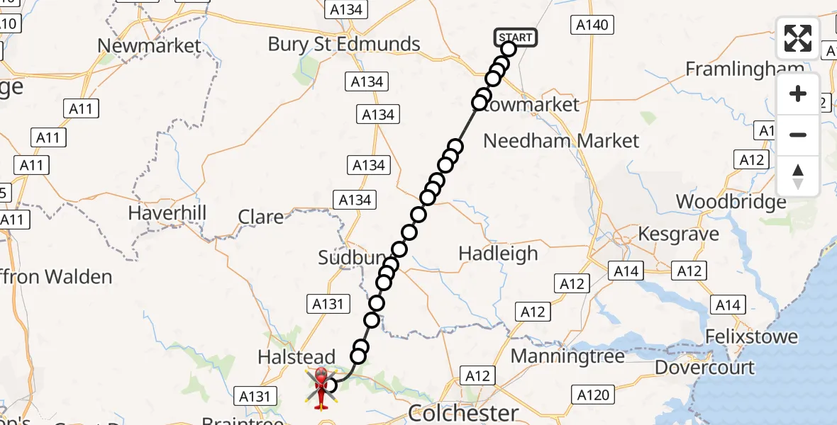 Flight route Air Ambulance Helicopter Bacton - Earls Colne Airfield, 05 August 2026, 17:08