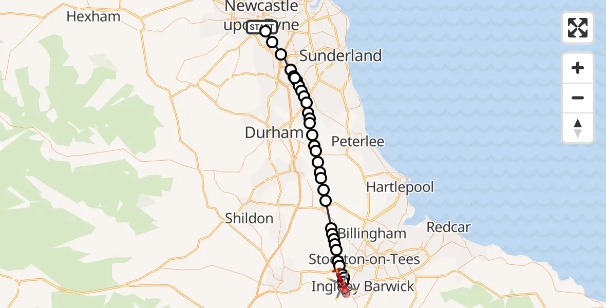Flight route Air Ambulance Helicopter Gateshead - Egglescliffe, 05 August 2026, 17:18