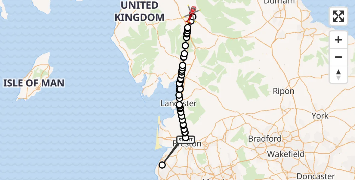 Flight route Air Ambulance Helicopter Preston - Langwathby, 05 August 2026, 17:20