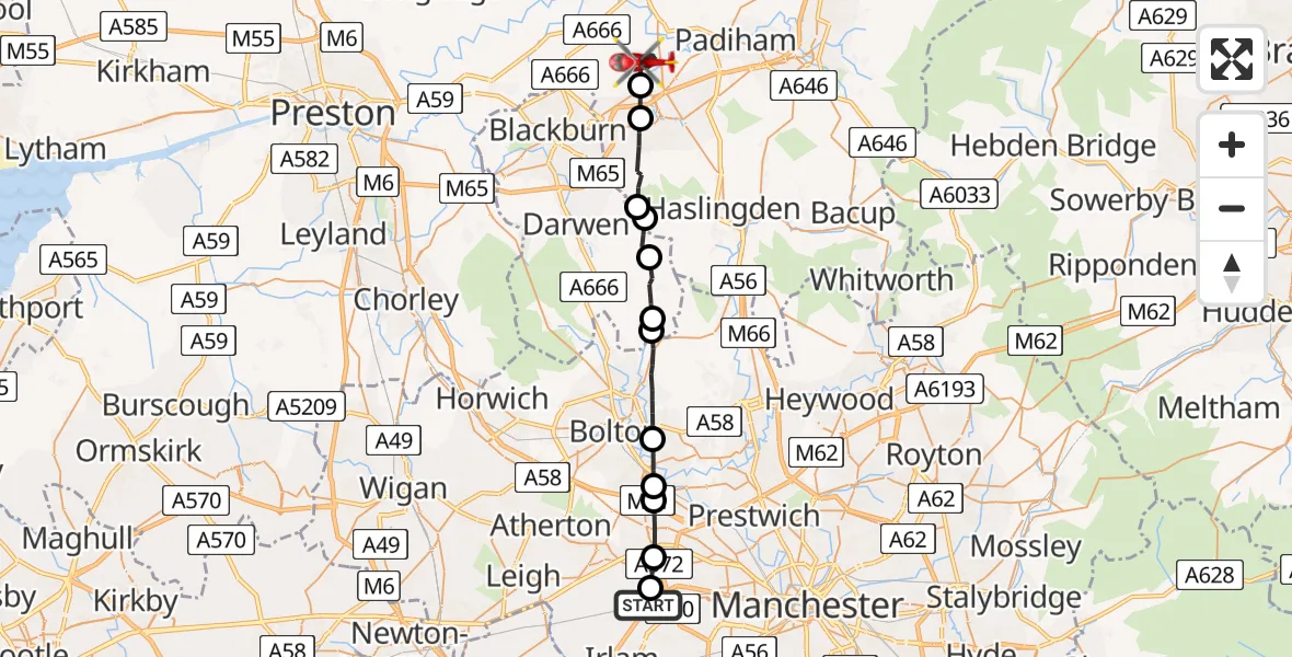 Flight route Air Ambulance Helicopter Irlam - Great Harwood, 05 August 2026, 17:21