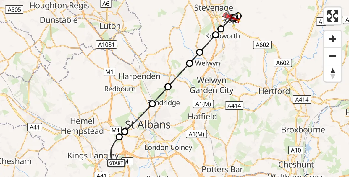 Flight route Air Ambulance Helicopter Abbots Langley - Stevenage, 05 August 2026, 17:35