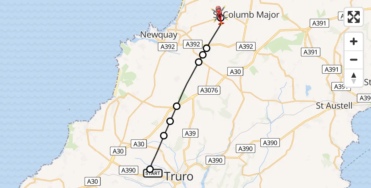 Flight route Air Ambulance Helicopter Treliske Hospital - Cornwall Airport Newquay, 05 August 2026, 17:55