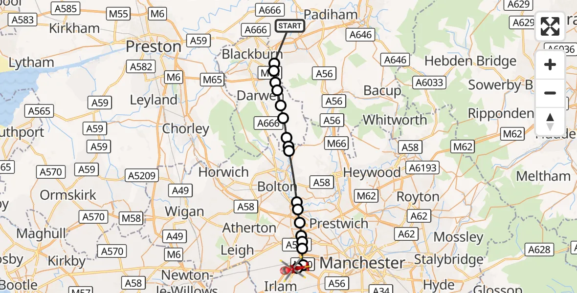 Flight route Air Ambulance Helicopter Great Harwood - Manchester Barton Aerodrome, 05 August 2026, 18:01