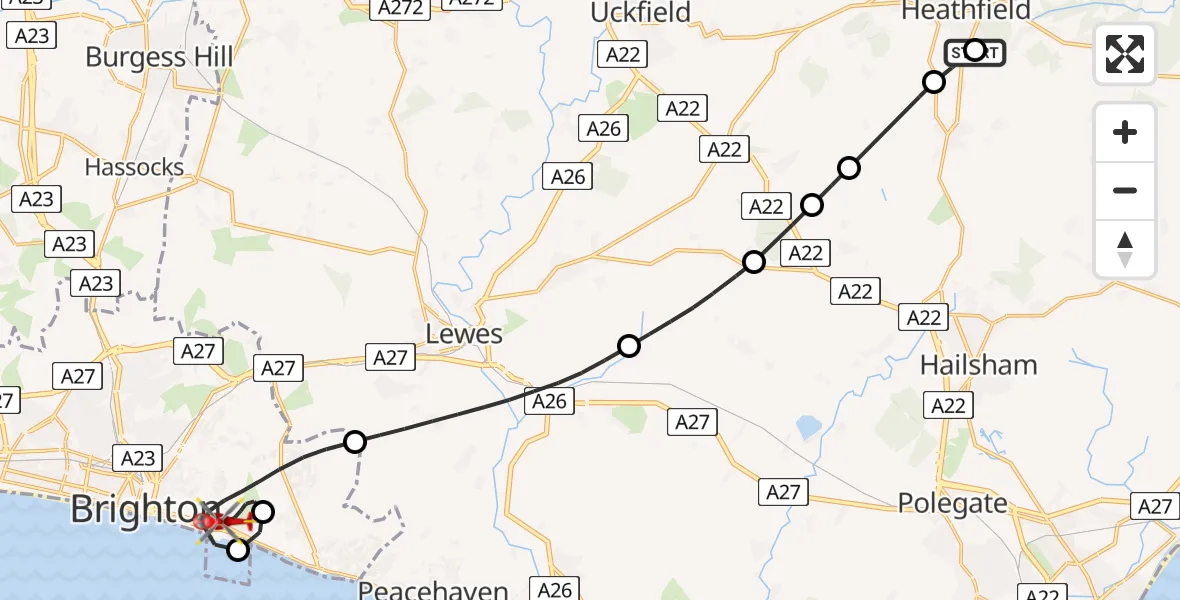 Flight route Air Ambulance Helicopter Heathfield - Brighton, 05 August 2026, 18:10