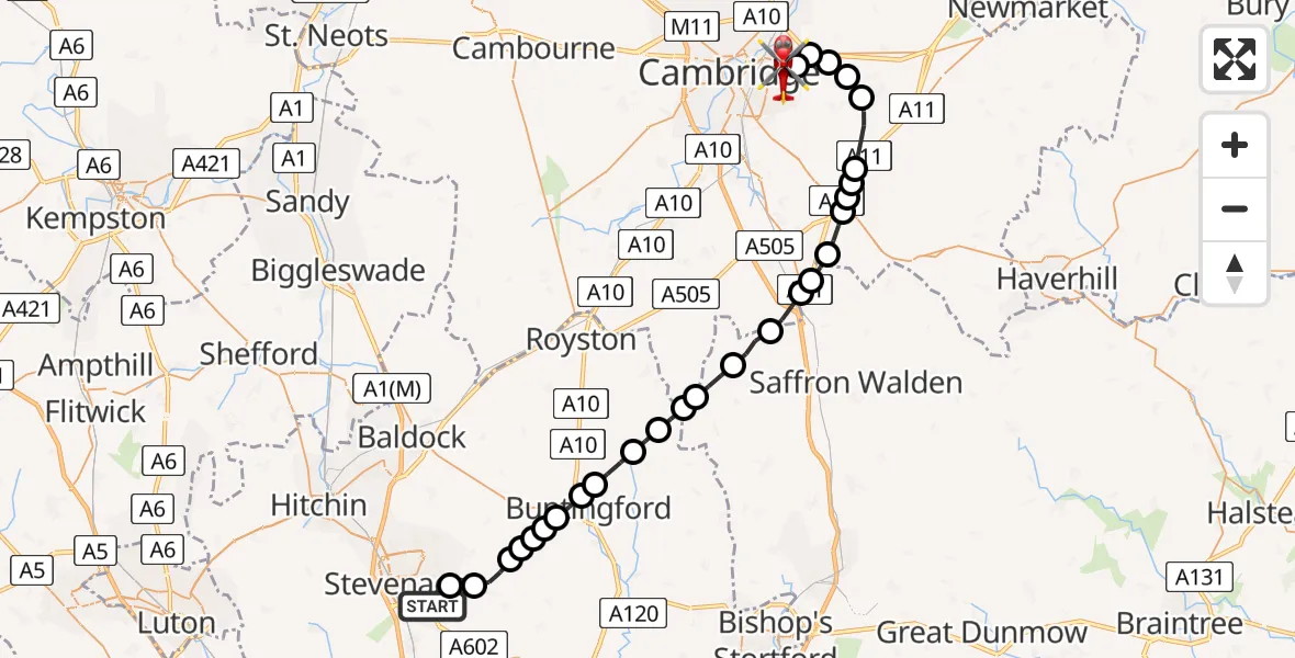 Flight route Air Ambulance Helicopter Stevenage - Cambridge City Airport, 05 August 2026, 18:30