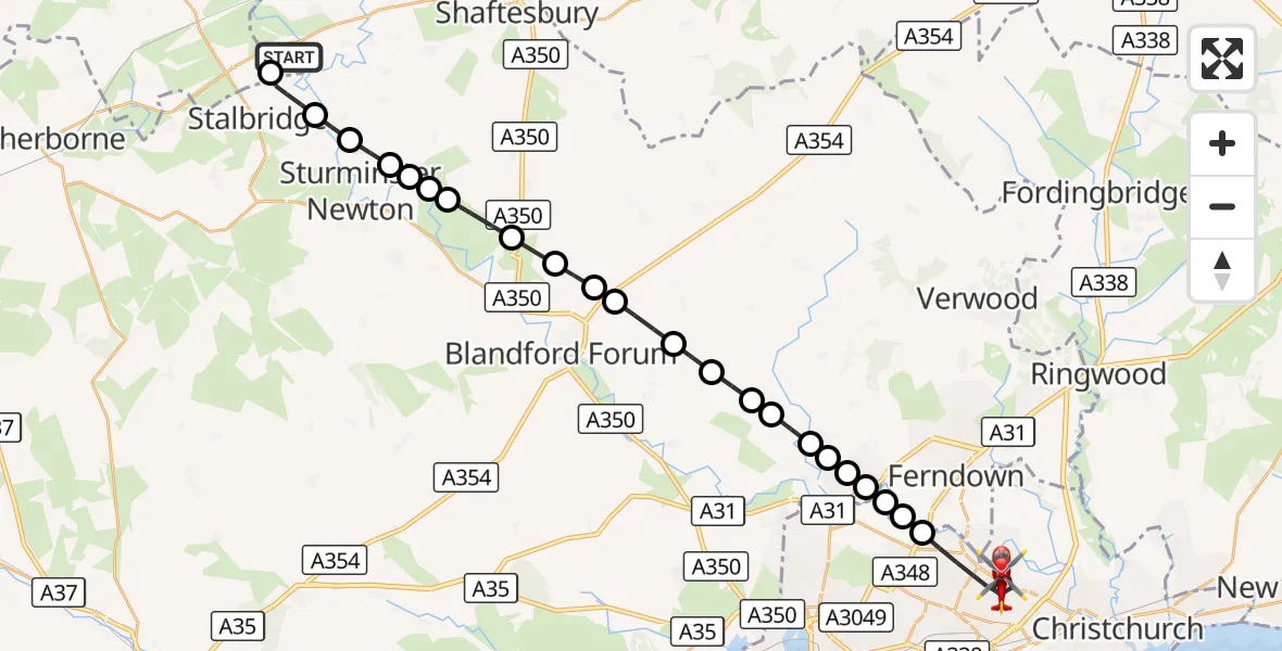 Flight route Air Ambulance Helicopter Henstridge Airfield - Bournemouth, 05 August 2026, 18:40