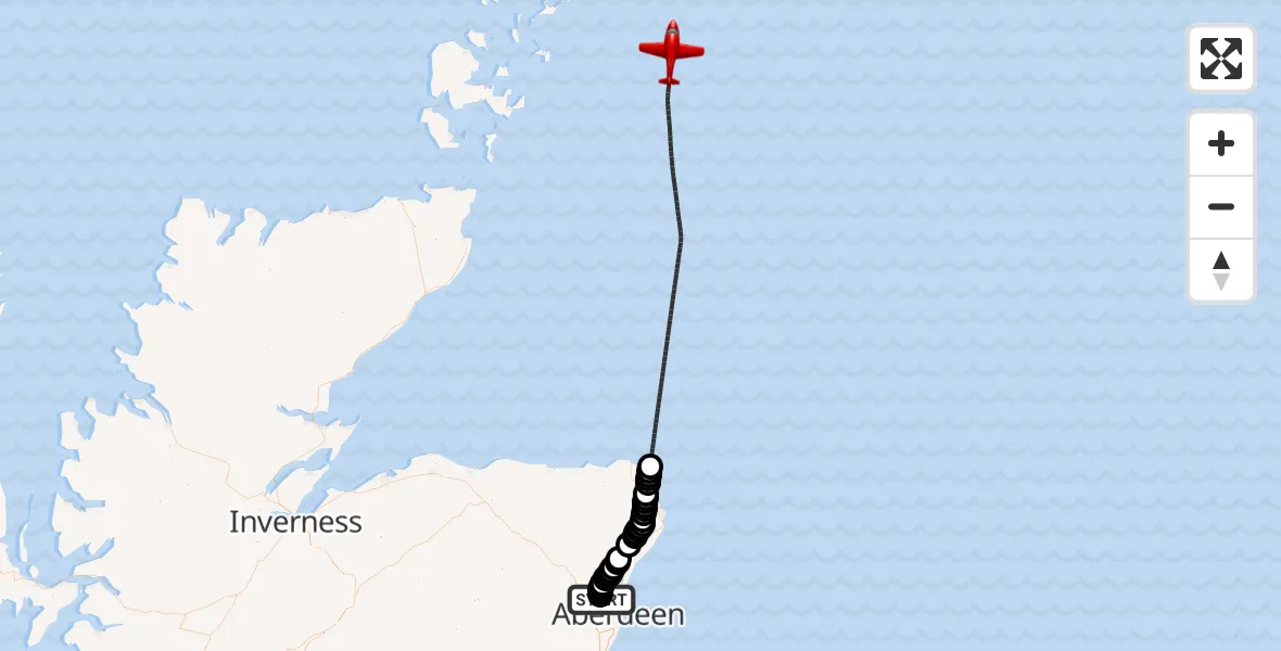 Flight route Air Ambulance Aircraft Aberdeen International Airport - North Sea, 05 August 2026, 18:52