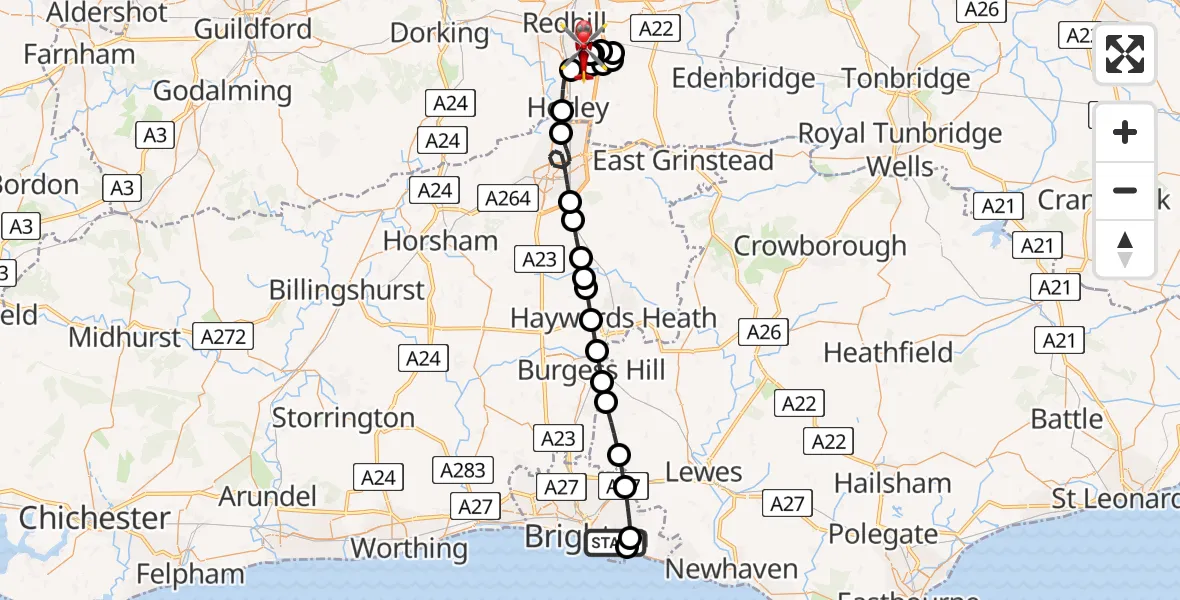 Flight route Air Ambulance Helicopter Brighton - Redhill Aerodrome, 05 August 2026, 19:01