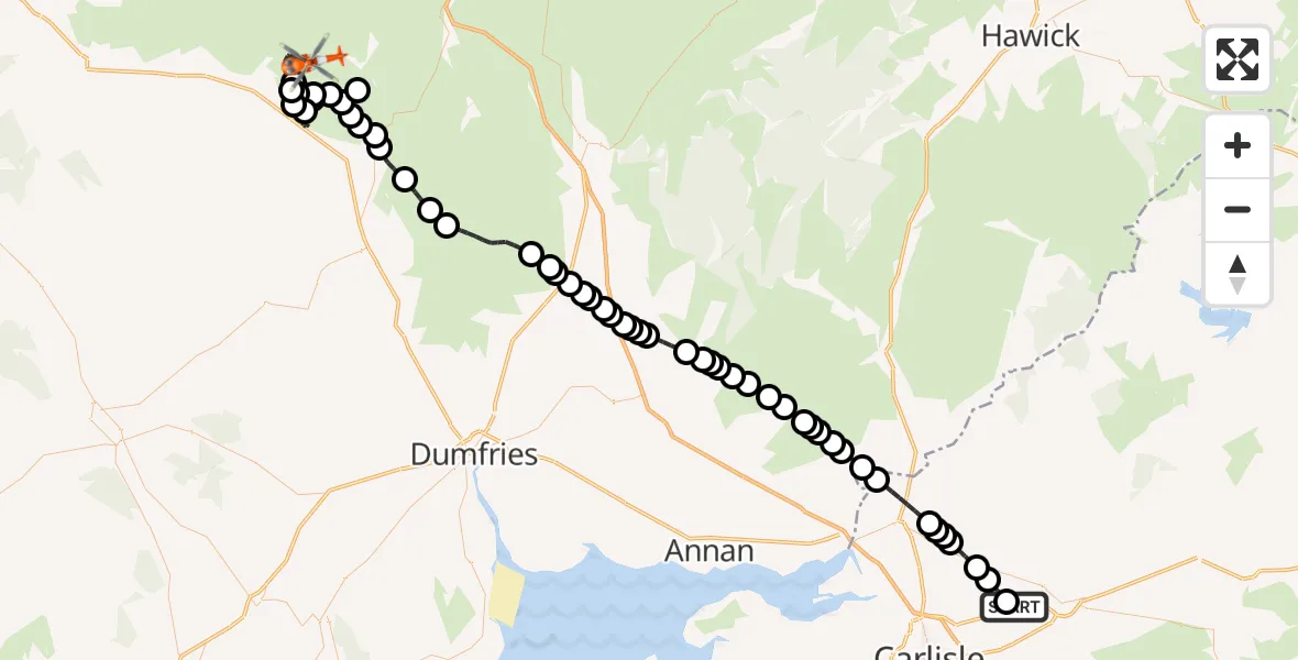Flight route Coastguard Helicopter Carlisle Lake District Airport - Sanquhar, 05 August 2026, 19:25