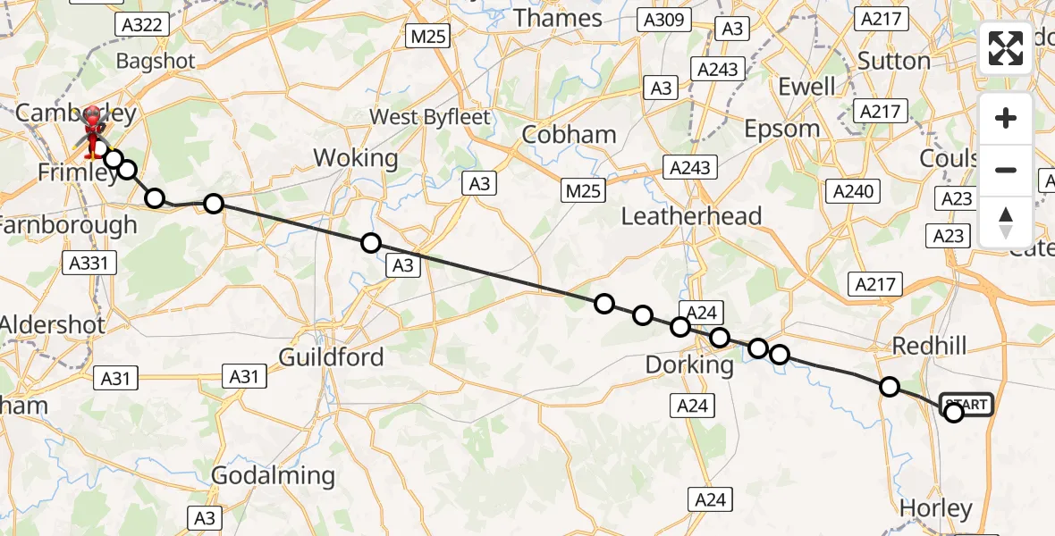 Flight route Air Ambulance Helicopter Redhill Aerodrome - Camberley, 05 August 2026, 19:34