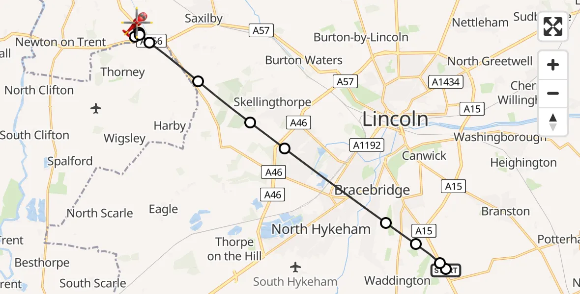 Flight route Air Ambulance Helicopter RAF Waddington - West Lindsey, 05 August 2026, 19:34