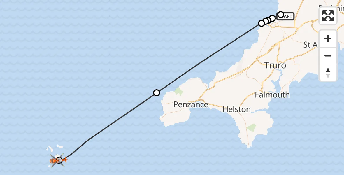 Flight route Coastguard Helicopter Cornwall Airport Newquay - St. Mary's Airport, 05 August 2026, 19:35