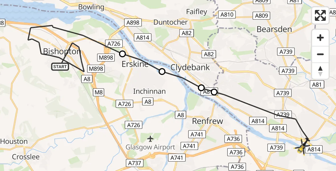 Flight route Police Helicopter Bishopton - Glasgow, 05 August 2026, 19:36