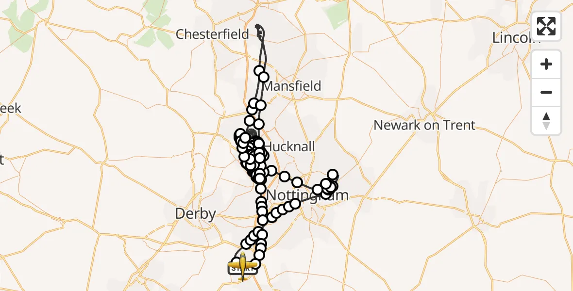 Flight route Police Aircraft East Midlands Airport - East Midlands Airport, 05 August 2026, 19:40