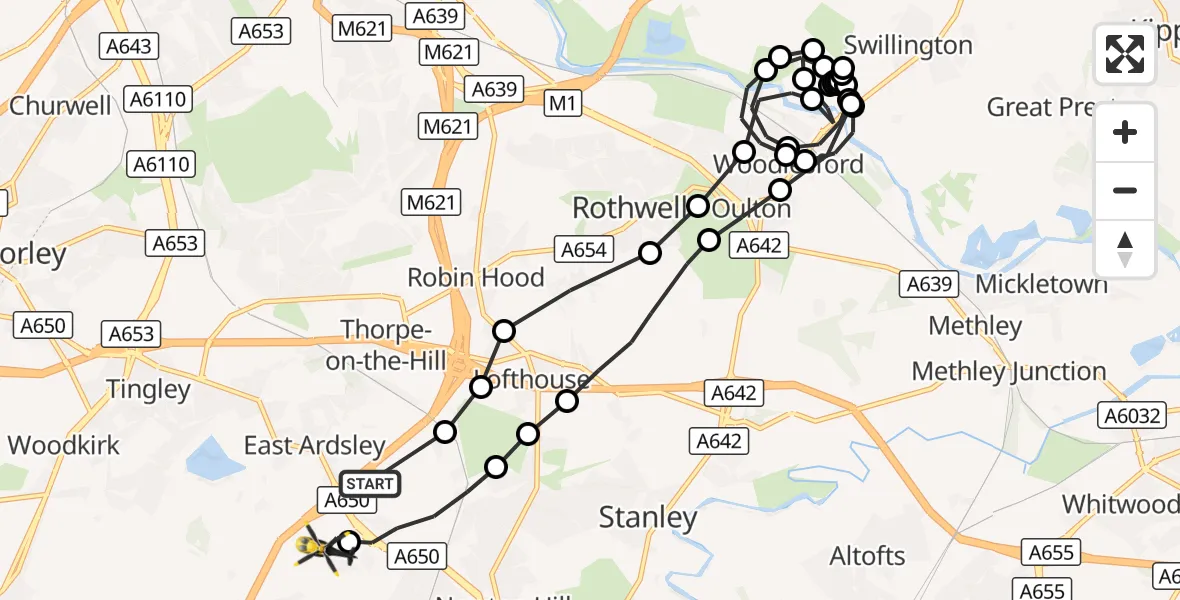 Flight route Police Helicopter East Ardsley - East Ardsley, 05 August 2026, 19:45