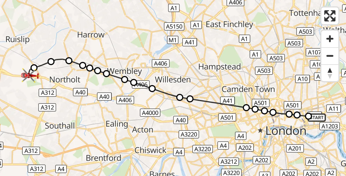 Flight route Air Ambulance Helicopter Royal London Hospital - RAF Northolt, 05 August 2026, 19:51
