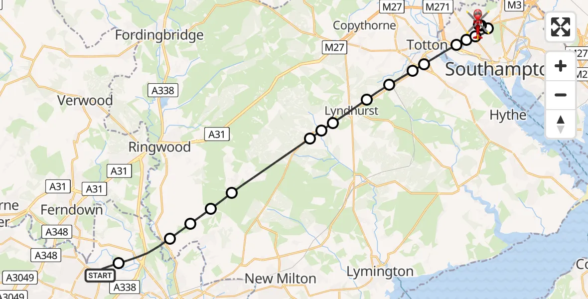 Flight route Air Ambulance Helicopter Bournemouth - University Hospital Southampton, 05 August 2026, 19:52