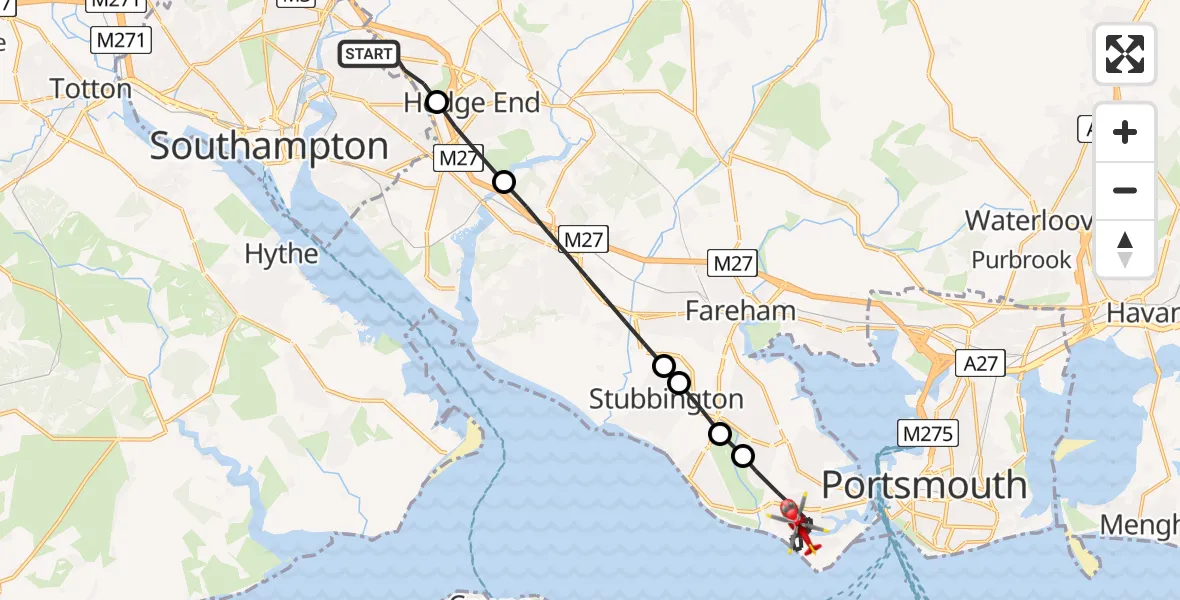 Flight route Air Ambulance Helicopter Eastleigh - Gosport, 05 August 2026, 20:04