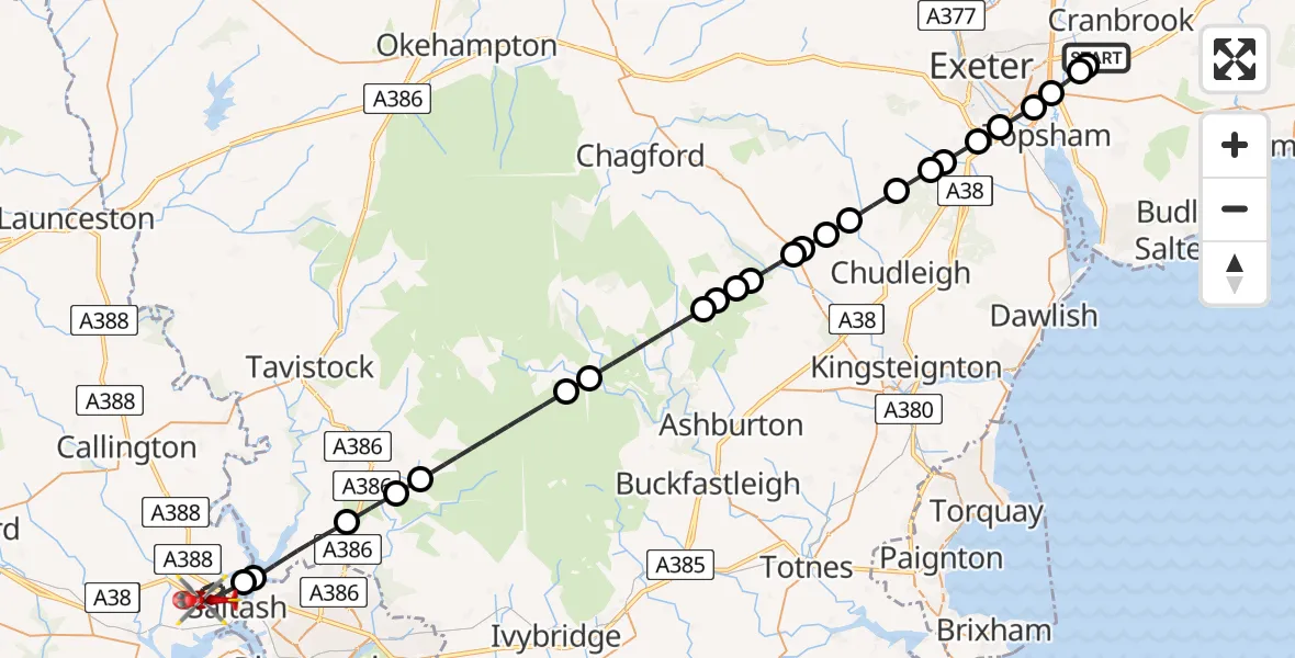 Flight route Air Ambulance Helicopter Exeter International Airport - Saltash, 05 August 2026, 20:10