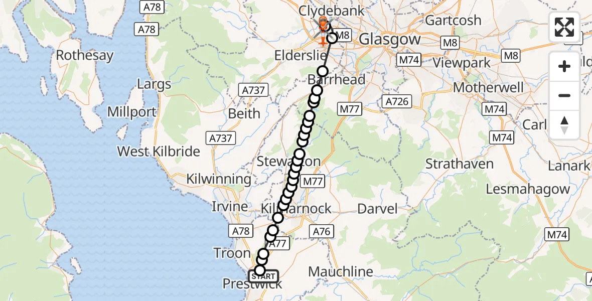 Flight route Coastguard Helicopter Glasgow Prestwick Airport - Glasgow Airport, 05 August 2026, 20:11